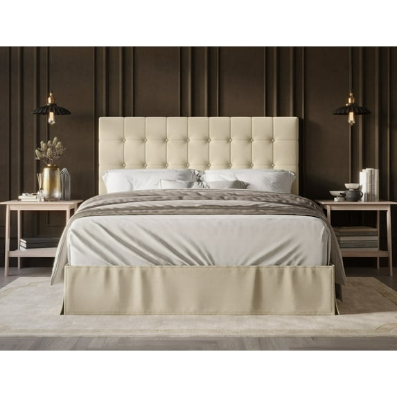 Home Design Larry King Tufted Upholstered Panel Bed Frame with Button Tufted Headboard and Bed Skirt, Beige, Easy Assembly