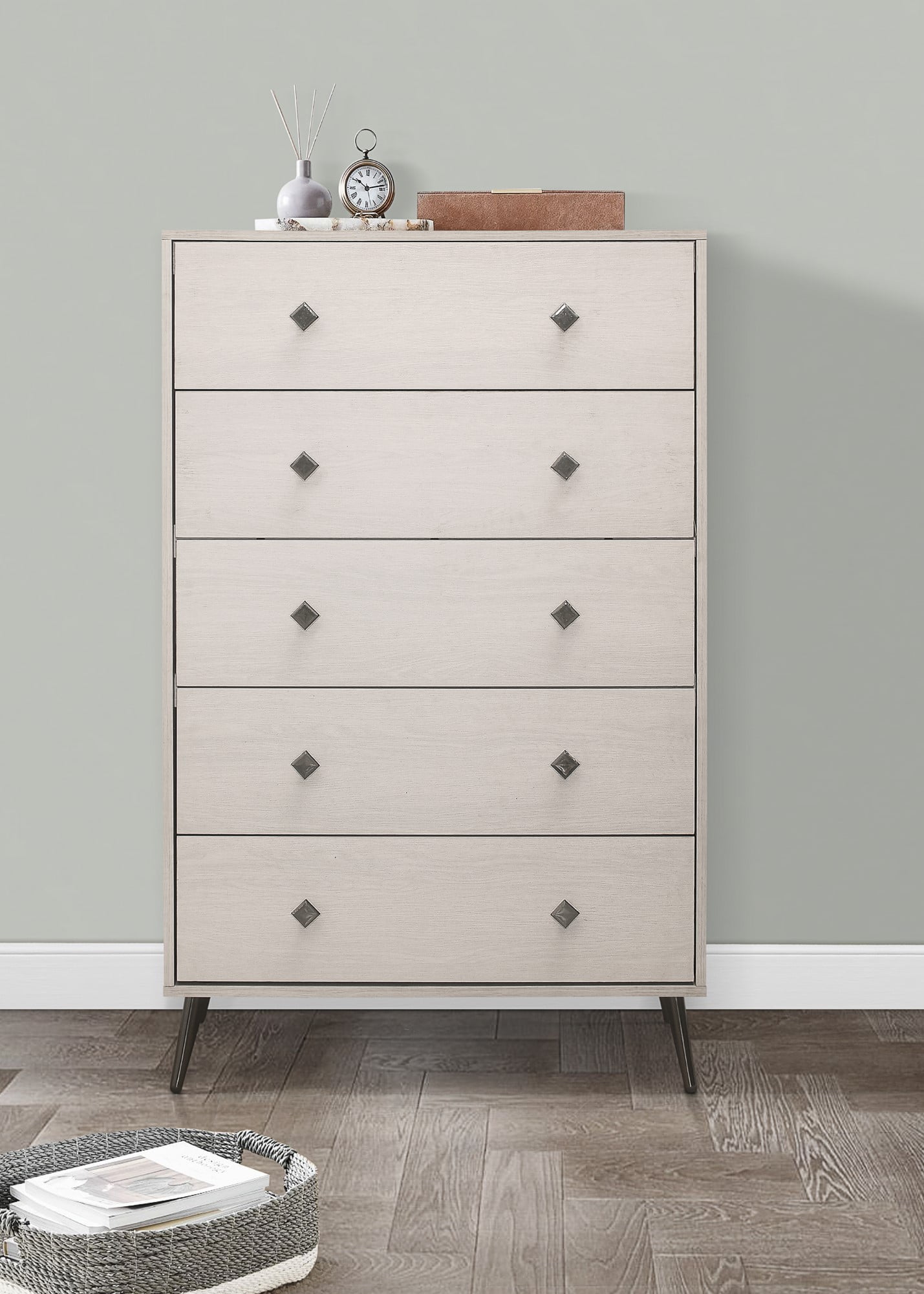 Grayish Beige 5-Drawer Chest with Metal Tapered Legs