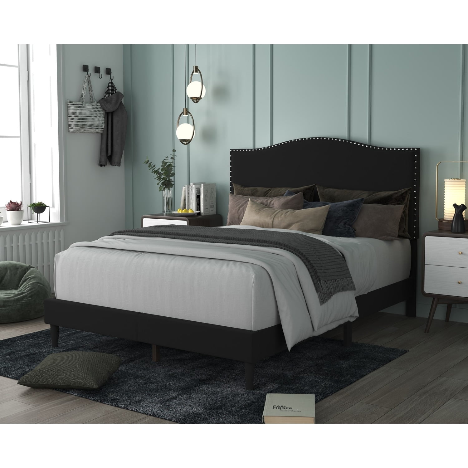 Home Design Manuel King Upholstered Platform Bed Frame with Nailhead Trim and Foam-Filled Headboard, Black, Easy assembly