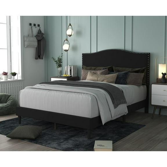Home Design Manuel King Upholstered Platform Bed Frame with Nailhead Trim and Foam-Filled Headboard, Black, Easy assembly