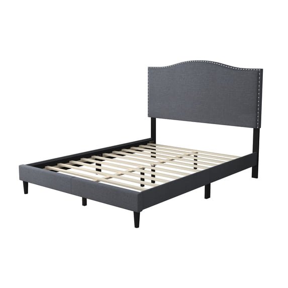 Home Design Manuel King Upholstered Platform Bed Frame with Nailhead Trim and Foam-Filled Headboard, Gray, Easy assembly