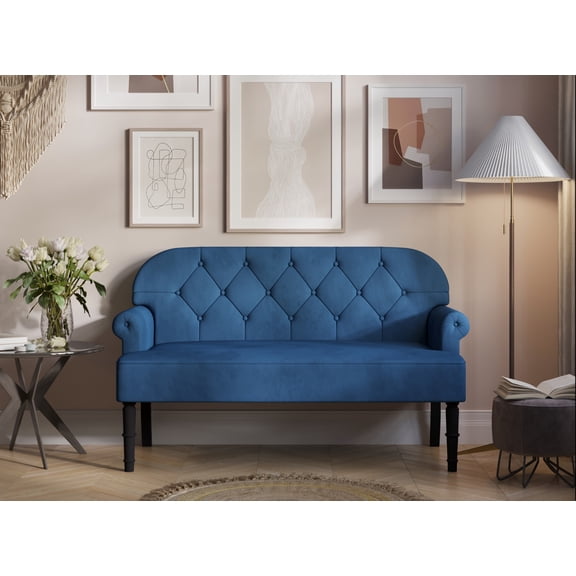 Home Design Margherita Rolled Arm Settee with Button-Tufted Back and Single Cushion Seat, Velvet Upholstery for Living Room, Modern Blue Design