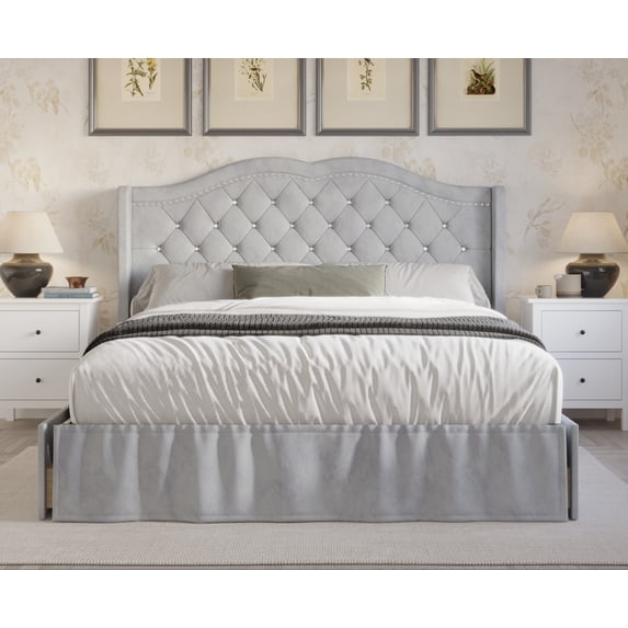 HMD Martha Queen Tufted Upholstered Storage Panel Bed Box B, Silver Gray