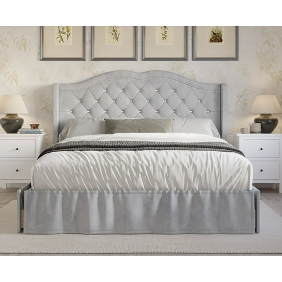 HMD Martha Queen Tufted Upholstered Storage Panel Bed Box B, Silver Gray