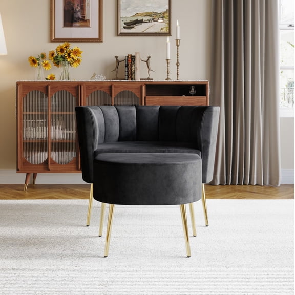 Home Design Moveis Velvet Flared Arm Chair with Stool, Channel-Tufted Back and Metal Legs, Modern Living Room Seating, Black