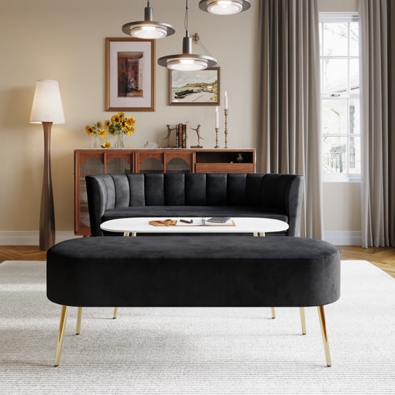 Home Design Moveis Velvet Flared Arm Loveseat with Bench and Coffee Table, Channel-Tufted Back and Metal Legs, Modern Living Room Set, Black