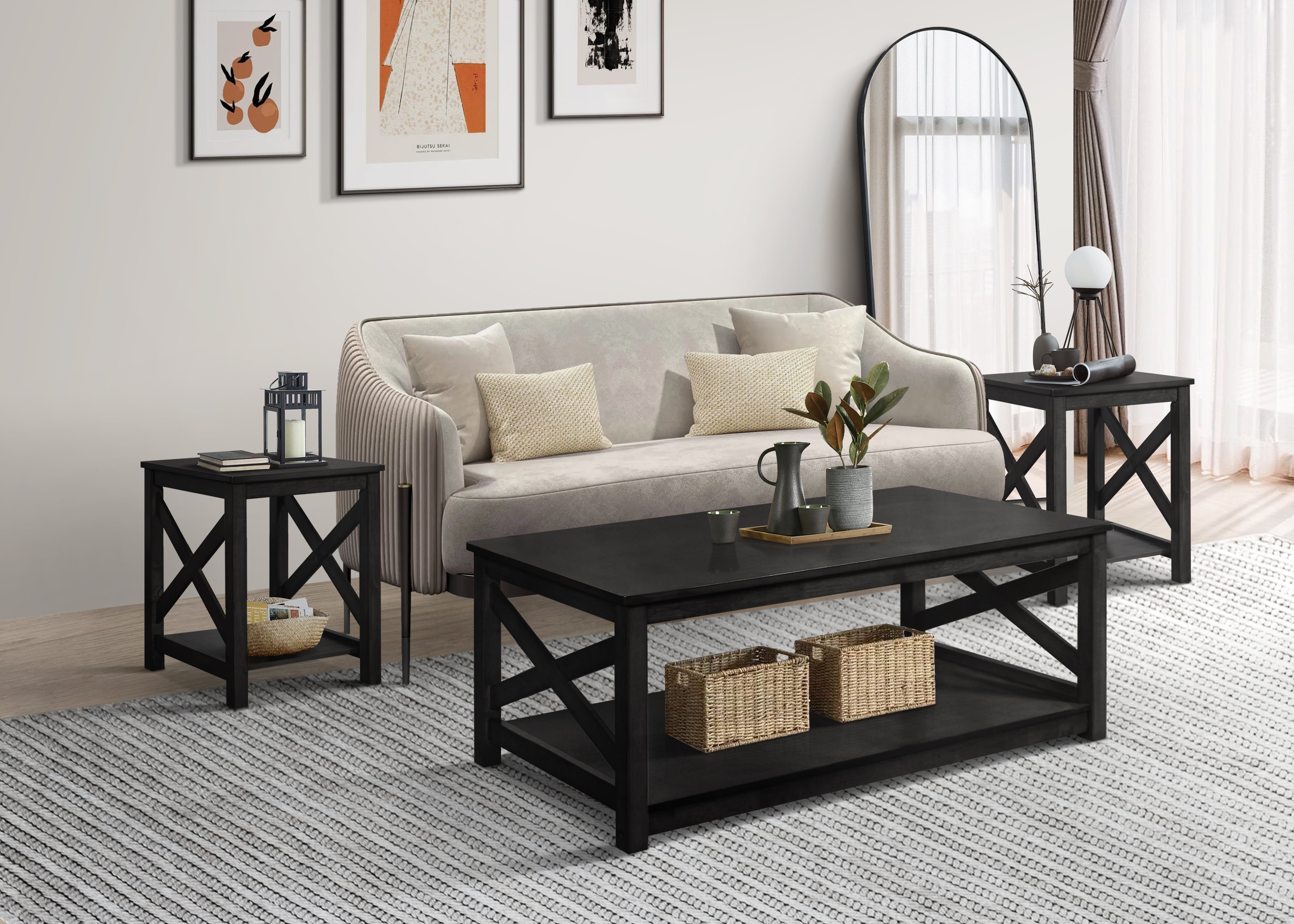 Home Design Novato 3-Piece Coffee Table Set with Rectangular Coffee Table and 2 Matching End Tables, X-Shaped Side Design with Open Shelf for Modern Living Room, Black