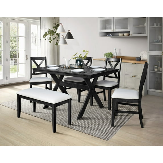 Home Design Oden 6-Piece Dining Set, Black/Gray, Rectangular Split-Top Table with X-Back Cushioned Chairs and Upholstered Bench, Rustic-Modern