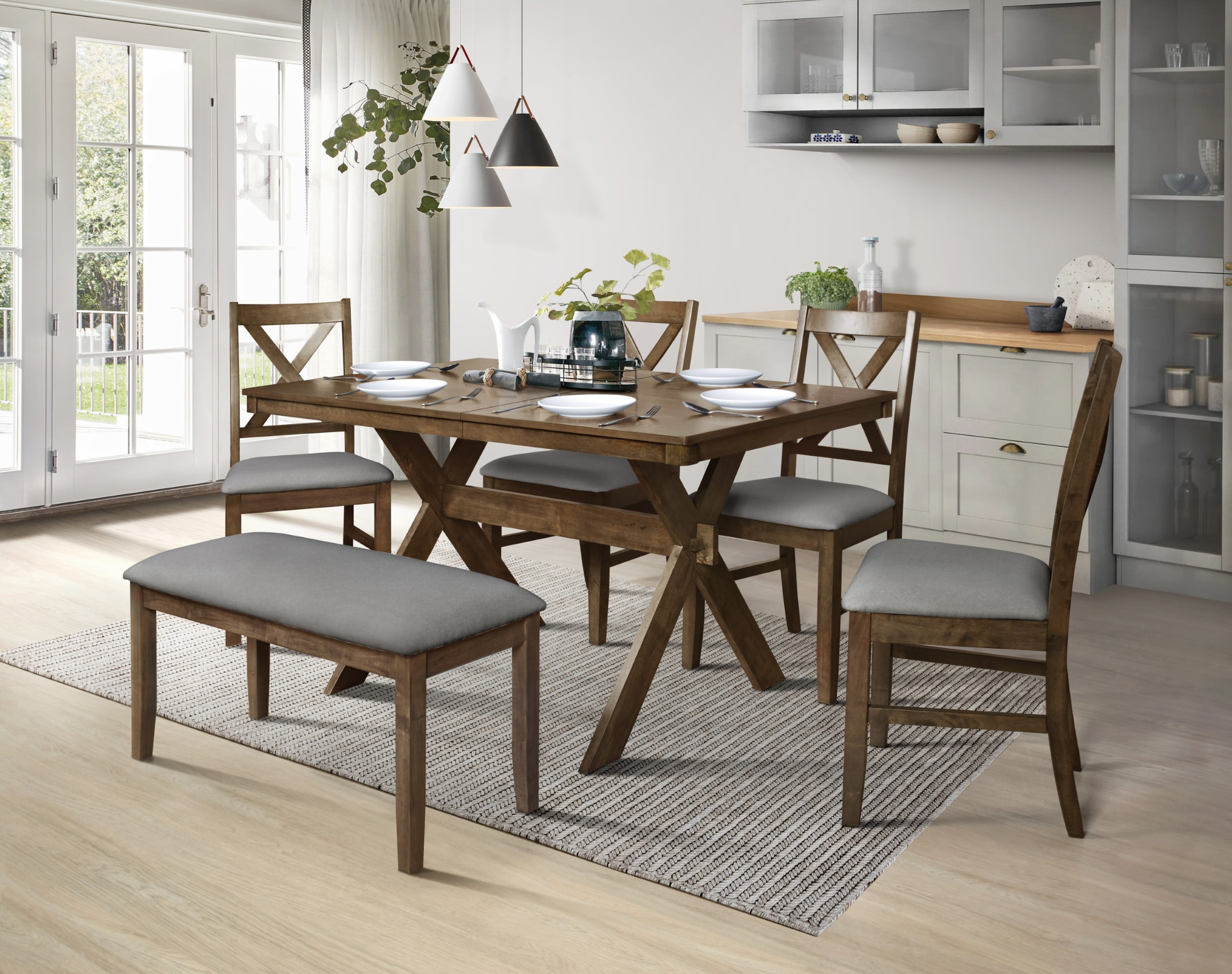 Home Design Oden 6-Piece Dining Set, Brown/Gray, Rectangular Table with Split Top, X-Back Cushioned Chairs, Upholstered Bench, Transitional