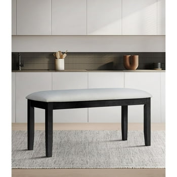 Home Design Oden Dining Bench, Black/Gray, Rectangular seat, Padded cushion, Upholstered in soft gray fabric, X-shaped base, Comfortable seating, Rustic-modern style, Durable construction