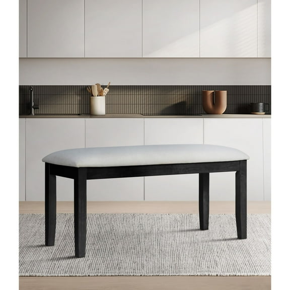 Home Design Oden Dining Bench, Black/Gray, Rectangular seat, Padded cushion, Upholstered in soft gray fabric, X-shaped base, Comfortable seating, Rustic-modern style, Durable construction