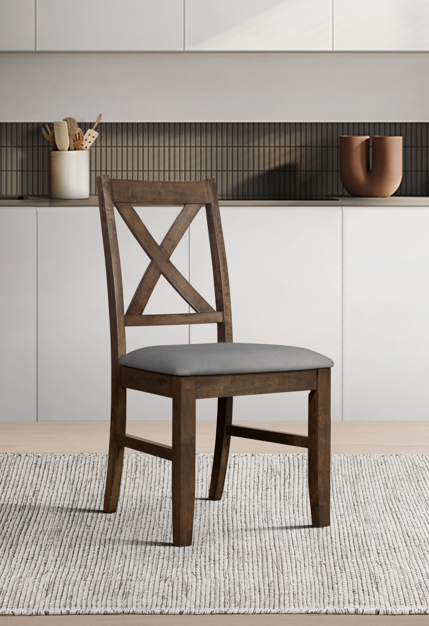 Home Design Oden Dining Chair (Set of 4), Brown/Gray, X-back design, Padded seat, Upholstered in soft gray fabric, Comfortable seating, Rustic-modern style
