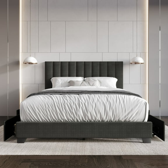 Home Design Olean Full Upholstered Storage Platform Bed, Charcoal Gray, Vertical Channel Tufted Headboard, 4 Steel Under-Bed Drawers