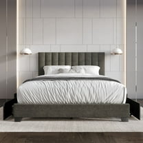 Home Design Olean Full Upholstered Storage Platform Bed, Gray, Vertical Channel Headboard, 4 Steel Under-Bed Drawers