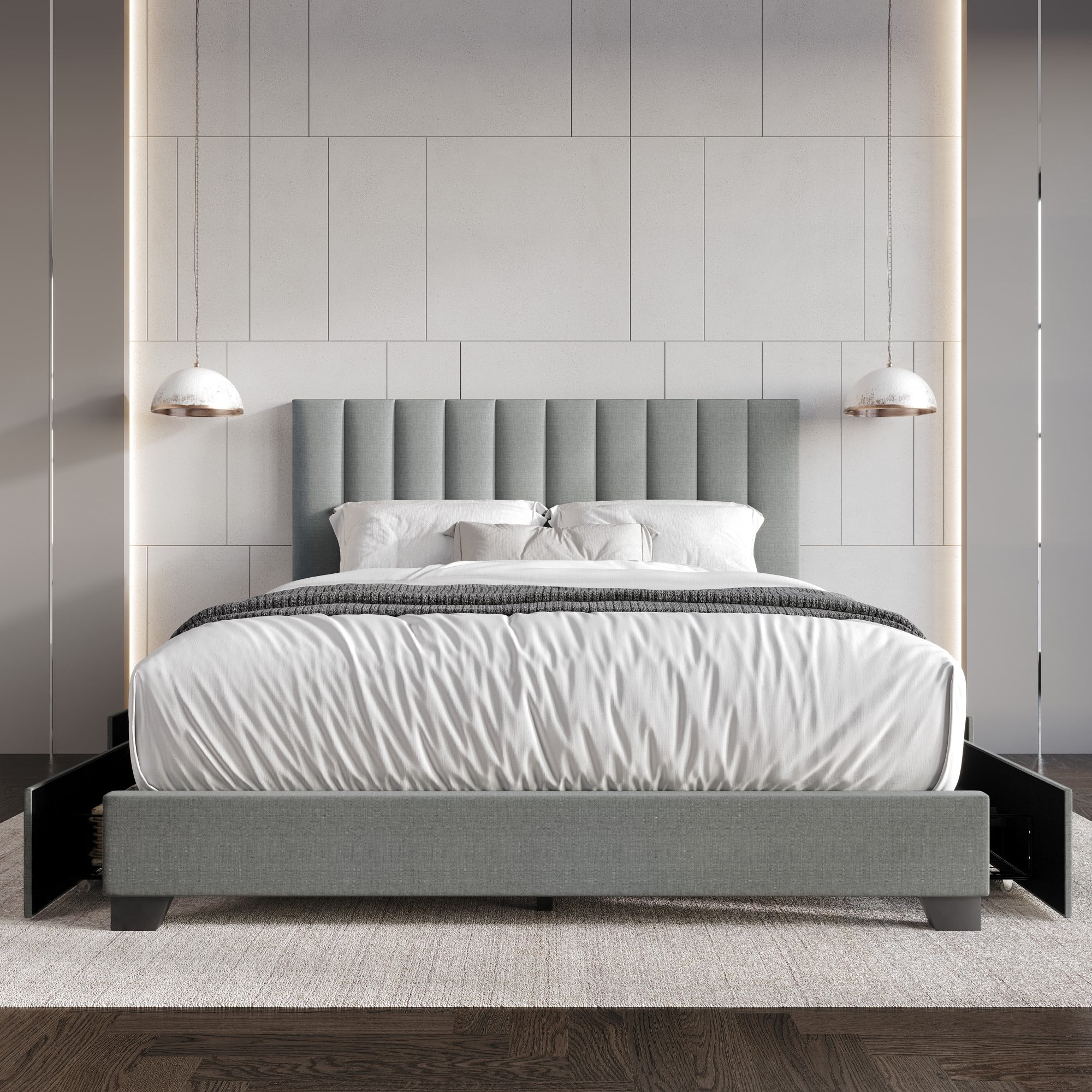 Home Design Olean King Upholstered Storage Platform Bed, Light Gray, Vertical Channel Tufted Headboard, 4 Steel Under-Bed Drawers