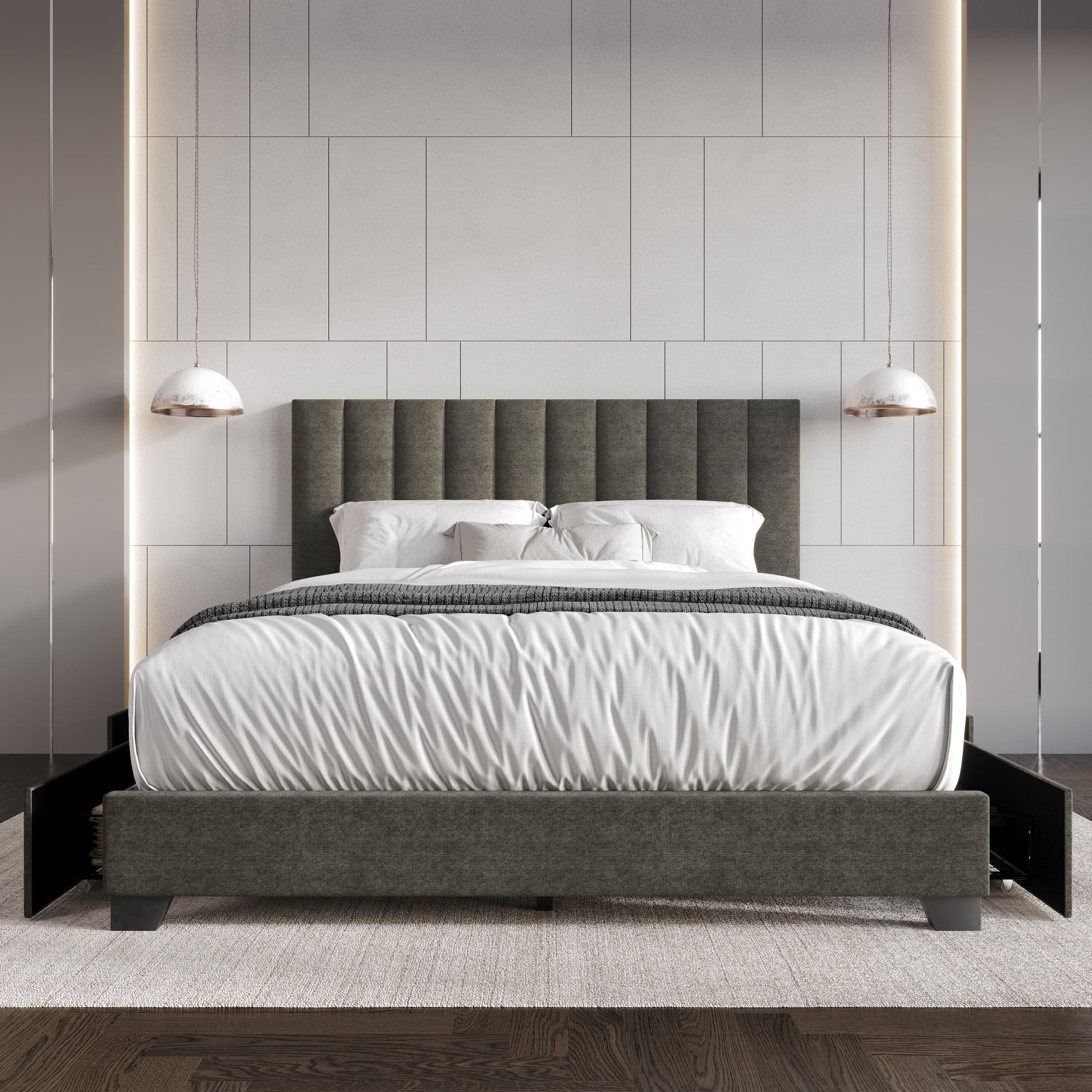 Home Design Olean Queen Upholstered Storage Platform Bed, Gray, Vertical Channel Tufted Headboard, 4 Steel Under-Bed Drawers