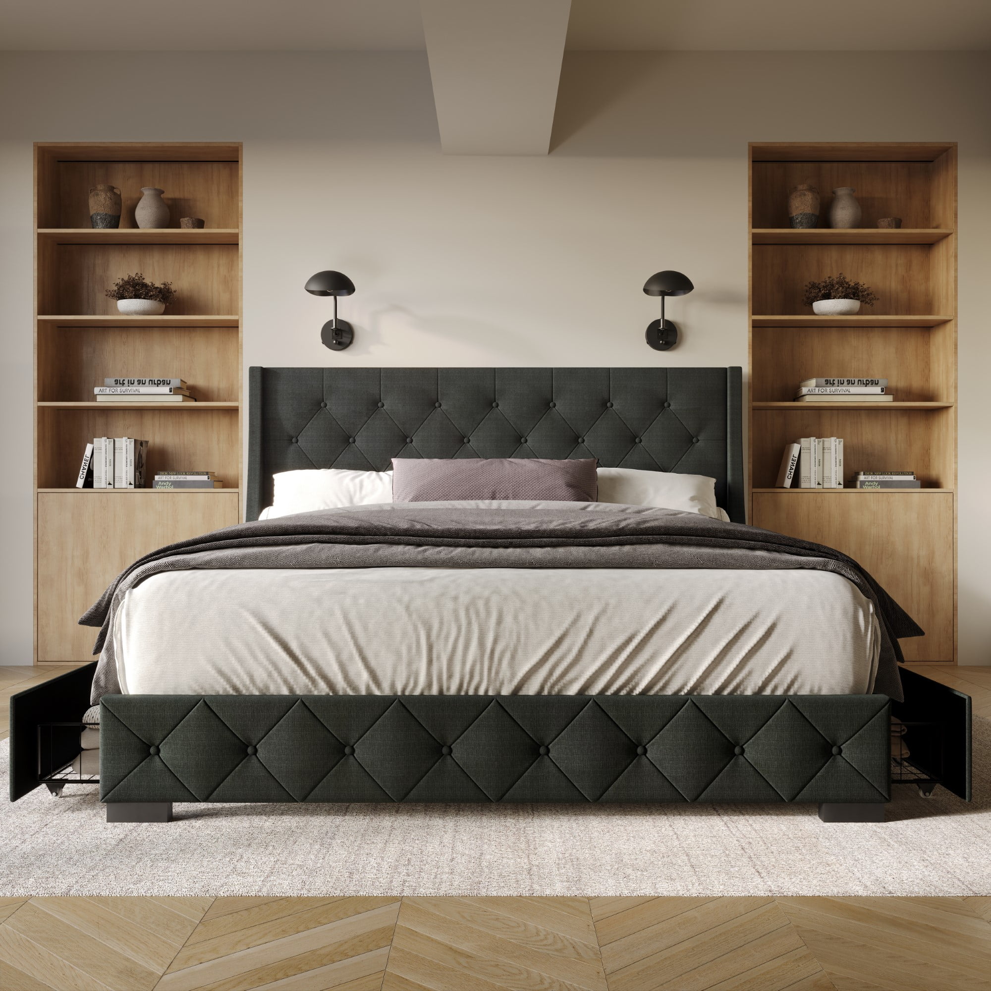 Home Design Olympia Full Upholstered Storage Platform Bed, Charcoal Gray, Wingback Button-Tufted Headboard, 4 Under-Bed Drawers