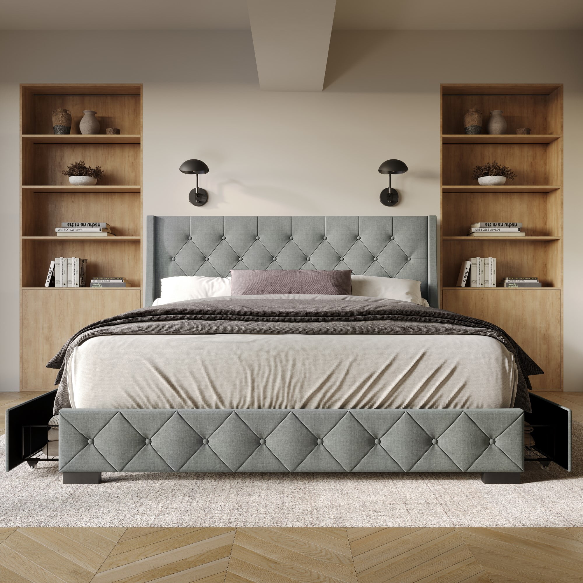 Home Design Olympia Full Upholstered Storage Platform Bed, Light Gray, Wingback Button-Tufted Headboard, 4 Under-Bed Drawers