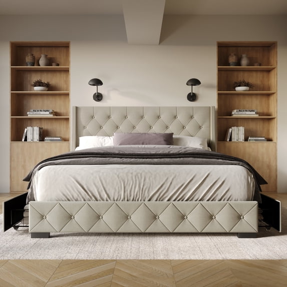 Home Design Olympia Full Upholstered Storage Platform Bed, Warm Gray, Wingback Button-Tufted Headboard, 4 Under-Bed Drawers