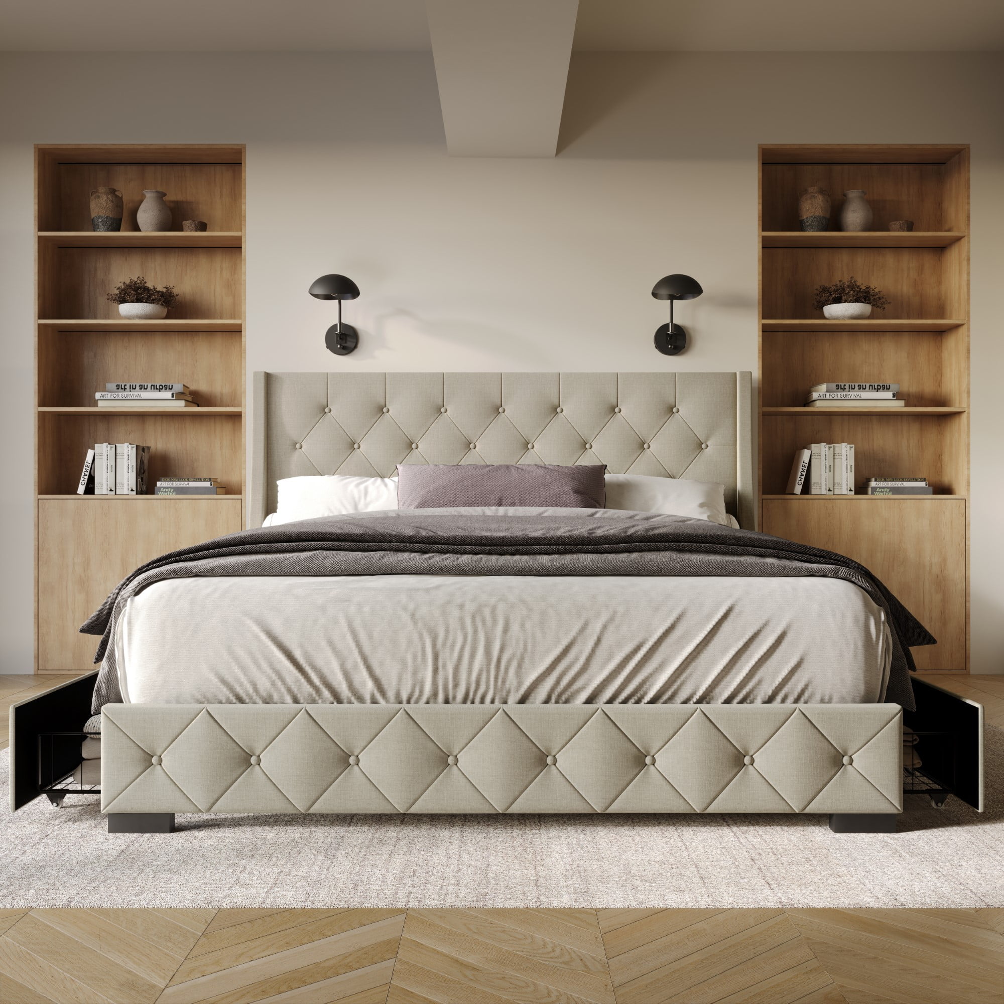 Home Design Olympia King Upholstered Storage Platform Bed, Warm Gray, Wingback Button-Tufted Headboard, 4 Under-Bed Drawers