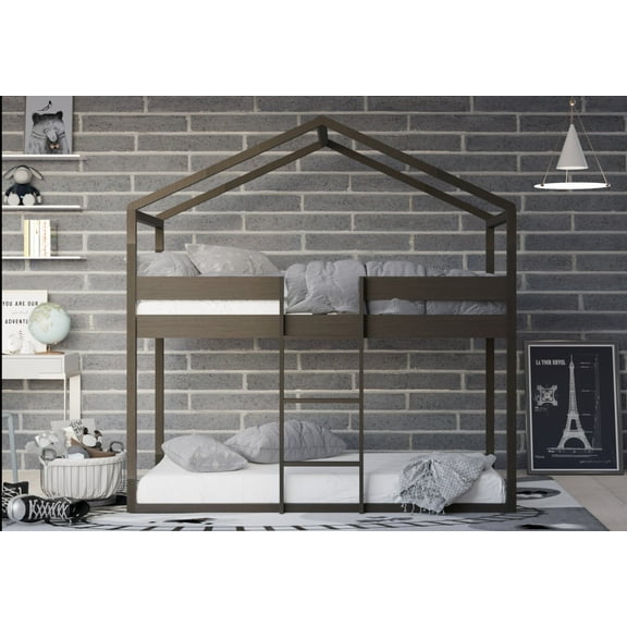 HMD Pasco Twin Over Twin Solid Wood House Loft Bed Frame Box A, Taupe