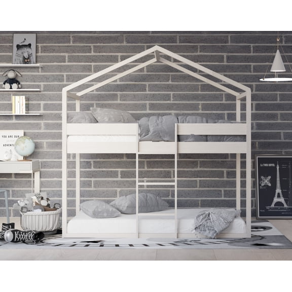 HMD Pasco Twin Over Twin Solid Wood House Loft Bed Frame Box B, Antique Gray