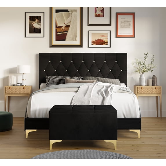 Home Design Betsy Twin Button Tufted Upholstered Panel Bed Frame with Storage Bench, Black, Easy Assembly