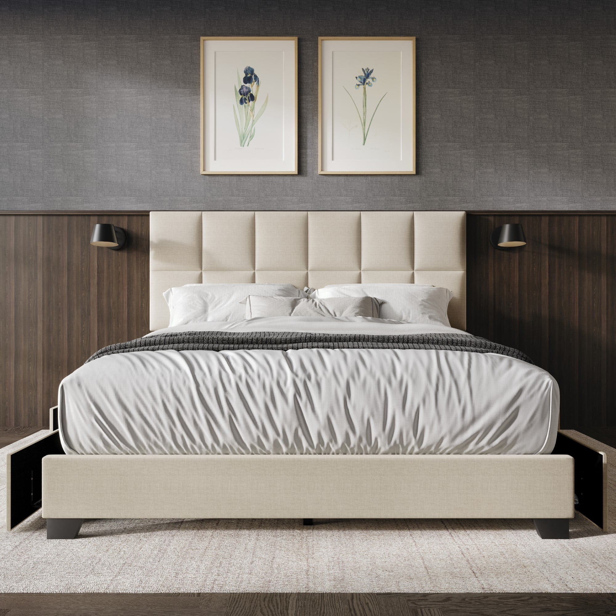 Home Design Raton Full Upholstered Storage Platform Bed, Beige