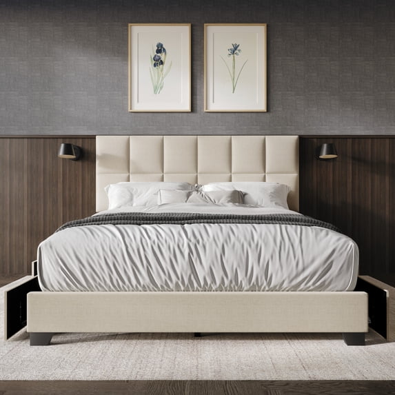Home Design Raton Full Upholstered Storage Platform Bed, Beige