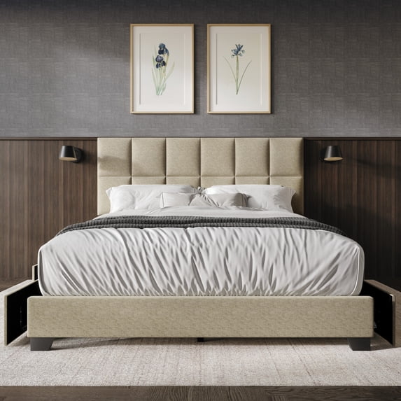 Home Design Raton Full Upholstered Storage Platform Bed, Dark Beige