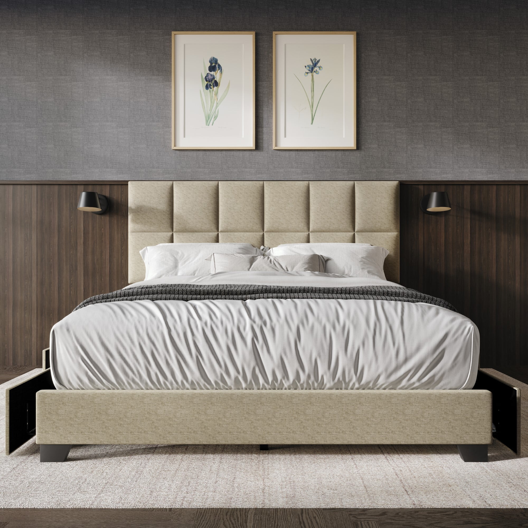 Home Design Raton Queen Upholstered Storage Platform Bed, Dark Beige