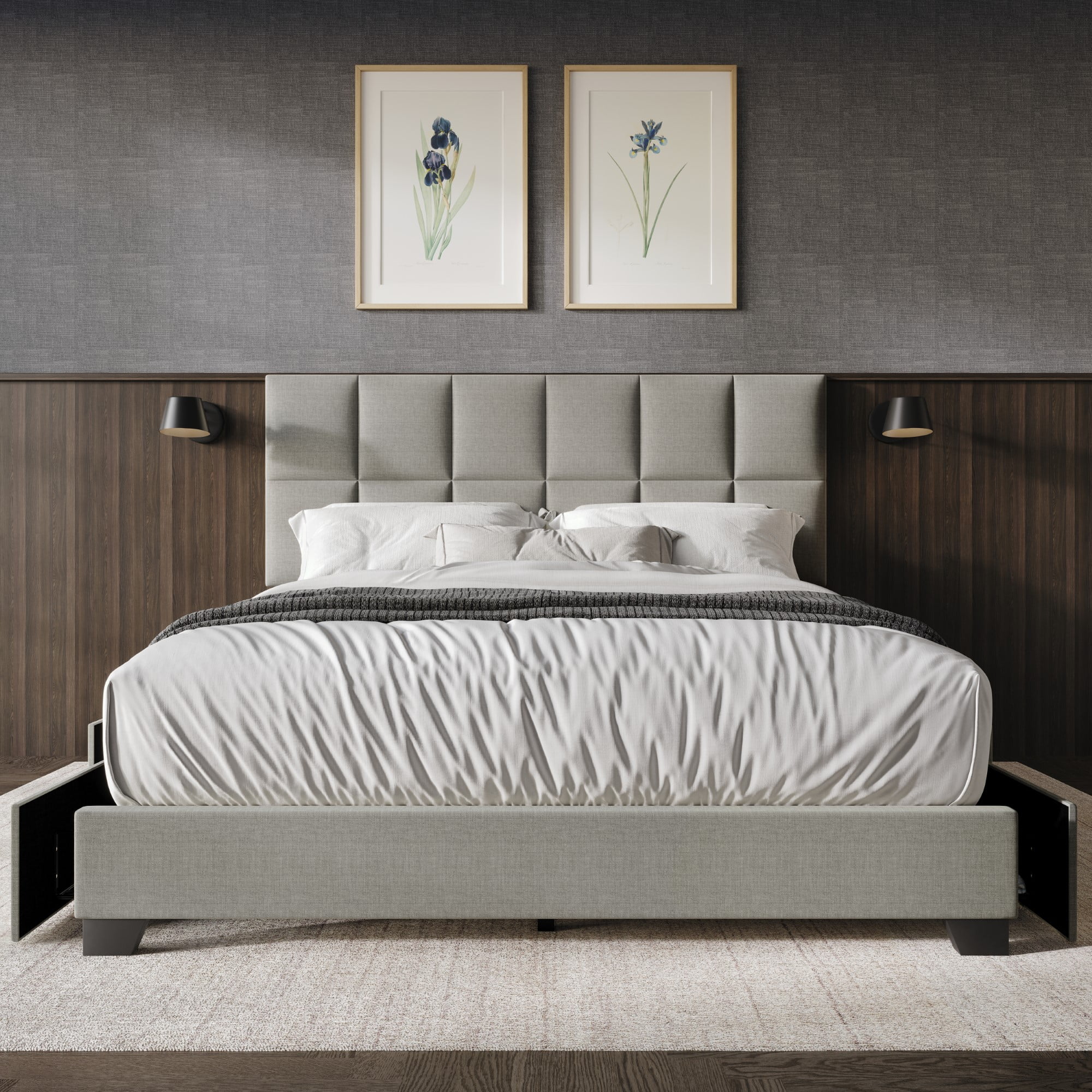 Home Design Raton Queen Upholstered Storage Platform Bed, Light Gray