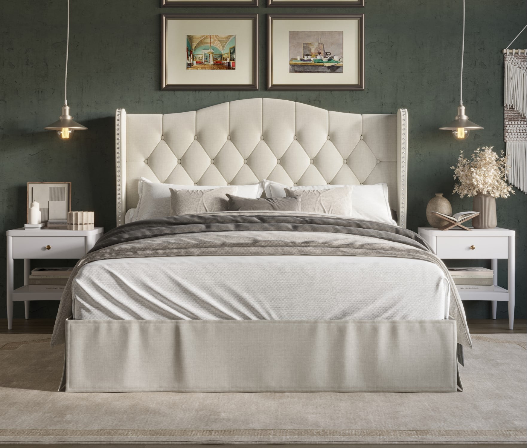 Twin Warm Gray Upholstered Platform Bed with Tufted Headboard and Nailhead Trim