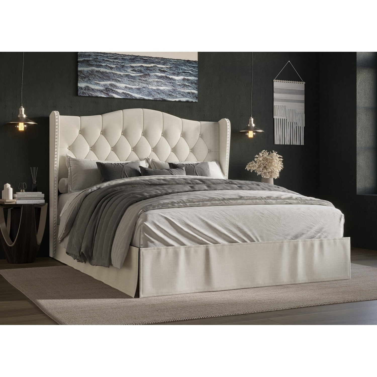 Twin Warm Gray Upholstered Platform Bed with Tufted Headboard and Nailhead Trim