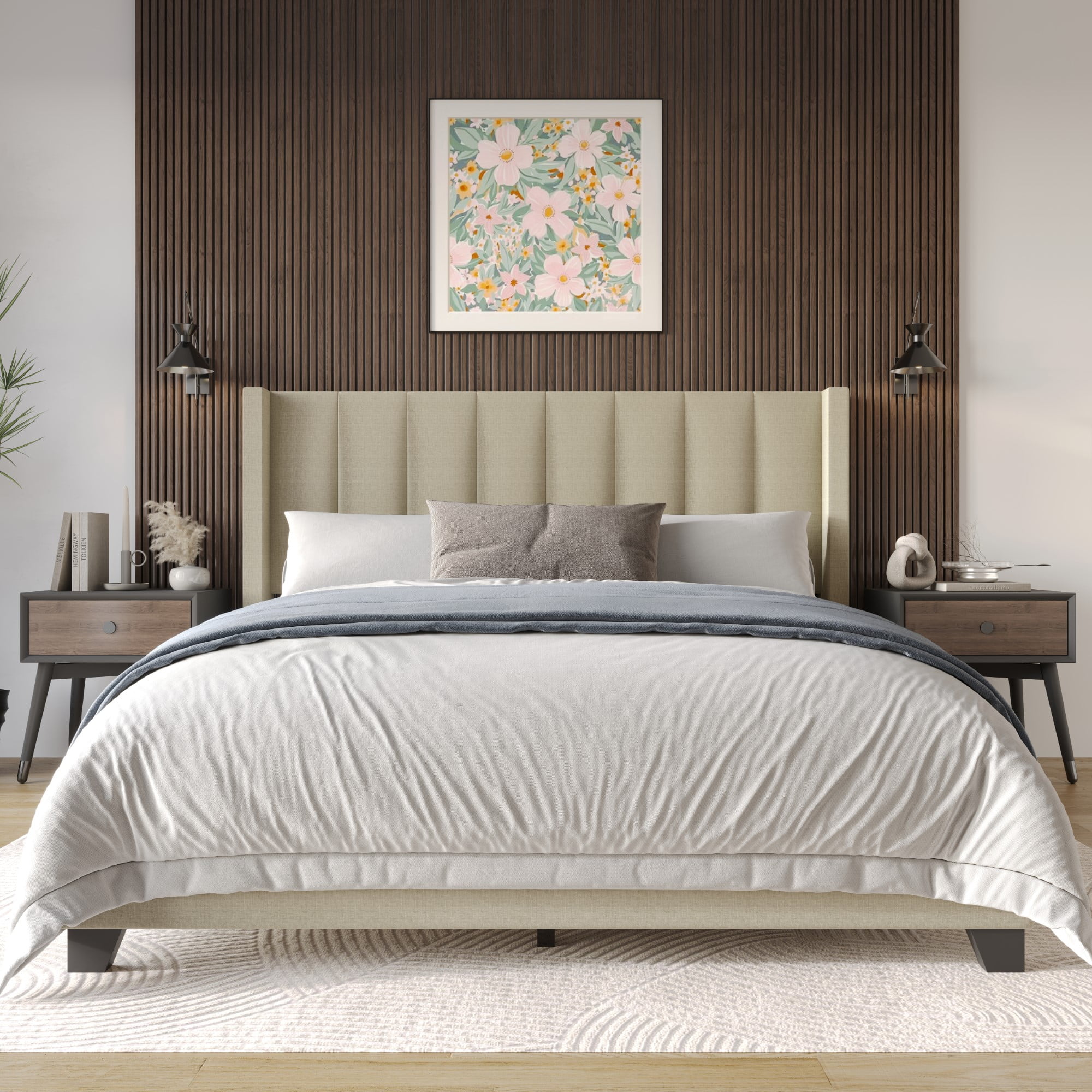 Home Design Saco Queen Upholstered Platform Bed Frame For Adult, Dark Beige, Easy Assembly