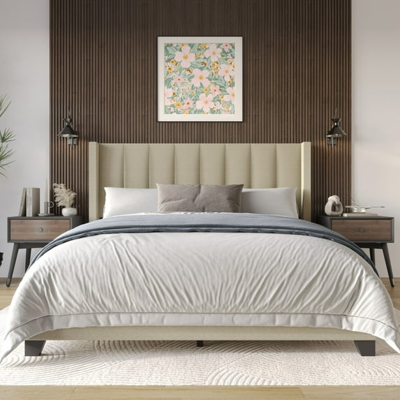 Home Design Saco Twin Upholstered Platform Bed Frame For Adult, Dark Beige, Easy Assembly