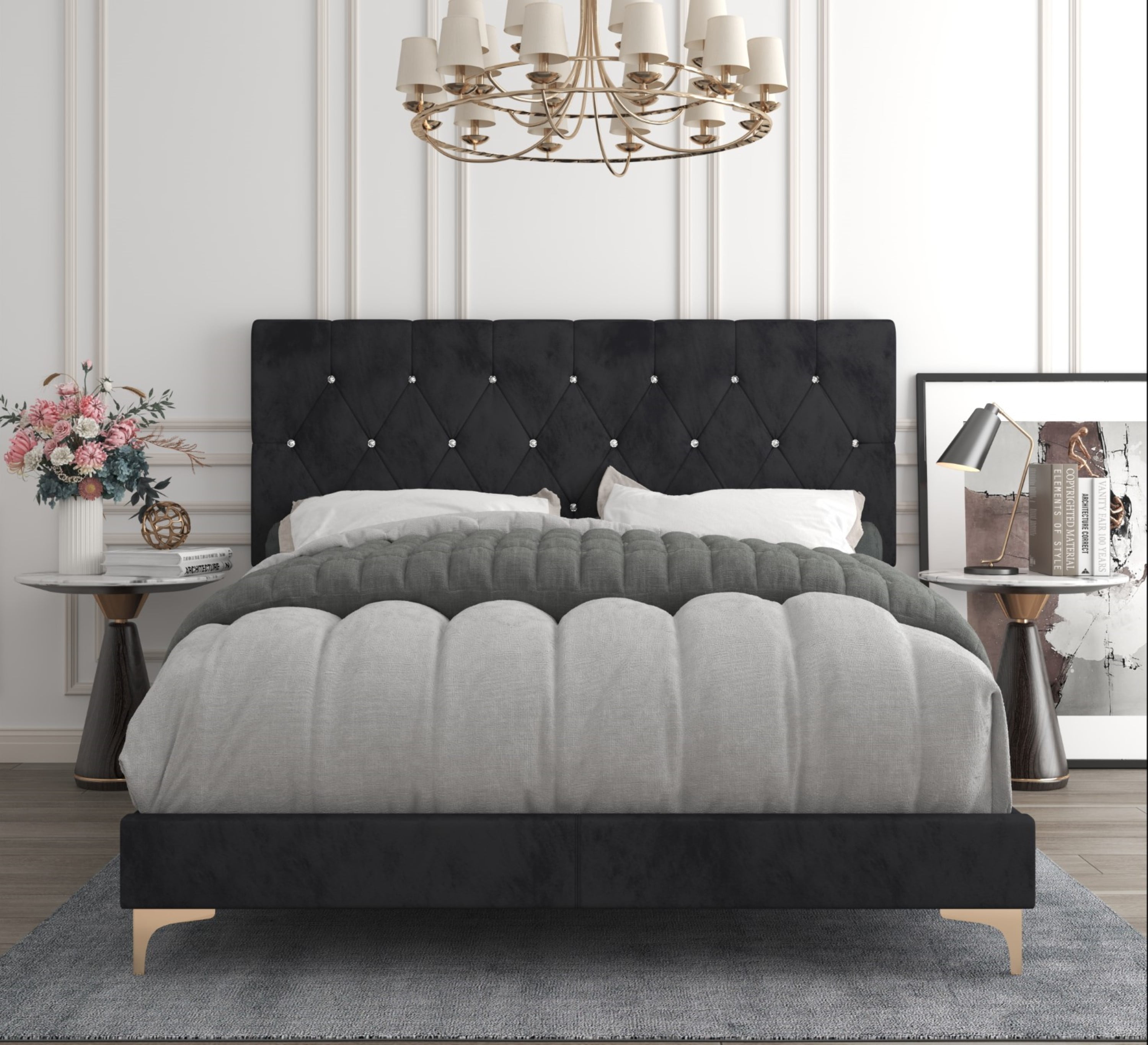 Home Design Samantha Twin Bed Frame with Foam-Filled Headboard and Gold-Tone Bracket Feet, Black, Easy Assembly