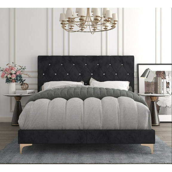 Home Design Samantha Twin Bed Frame with Foam-Filled Headboard and Gold-Tone Bracket Feet, Black, Easy Assembly