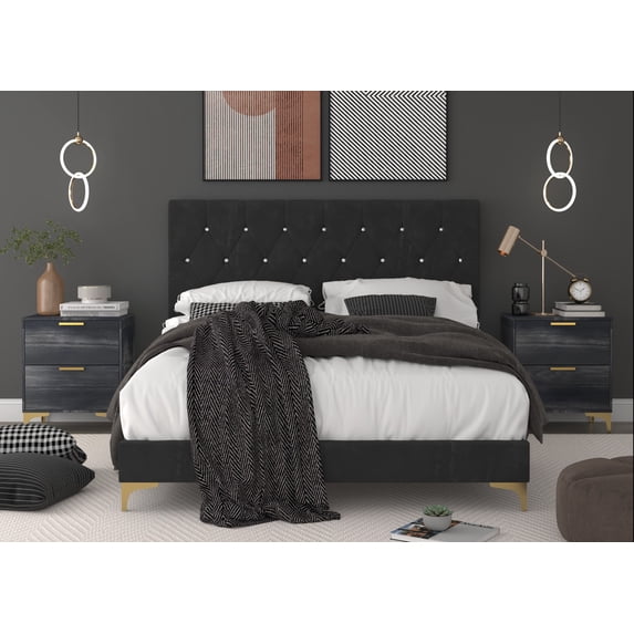 Home Design Sana King Upholstered Panel Bed Frame with 2 Nightstands