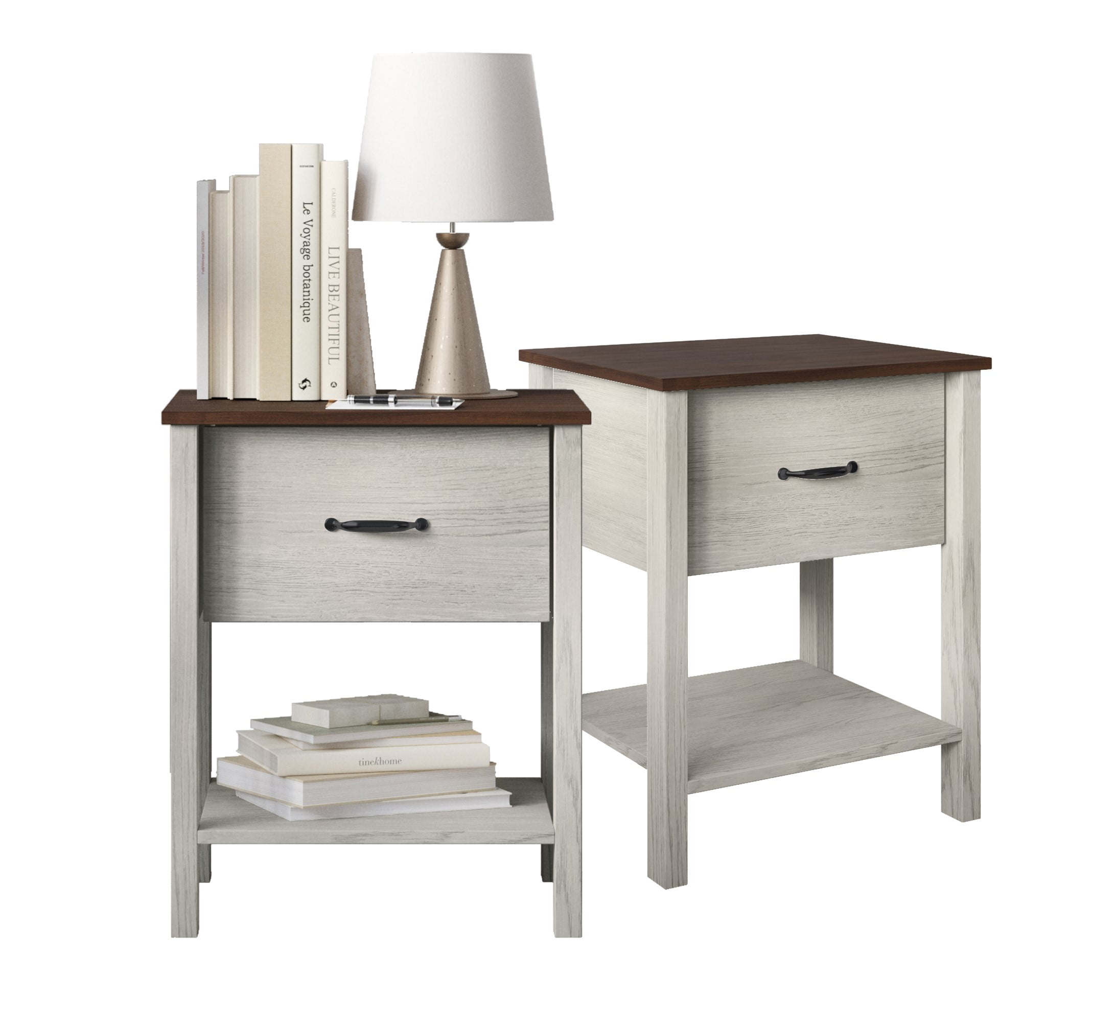 Home Design Sana Nightstand with Pull-Out Drawer and Open Shelf, White Oak/Brown, Easy Assembly (Set of 2)