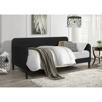 Home Design Savannah Twin Daybed with Velvet Upholstery, Clean Lines, Slim Wooden Feet, Modern Stylish Seating and Sleeping Solution, Black