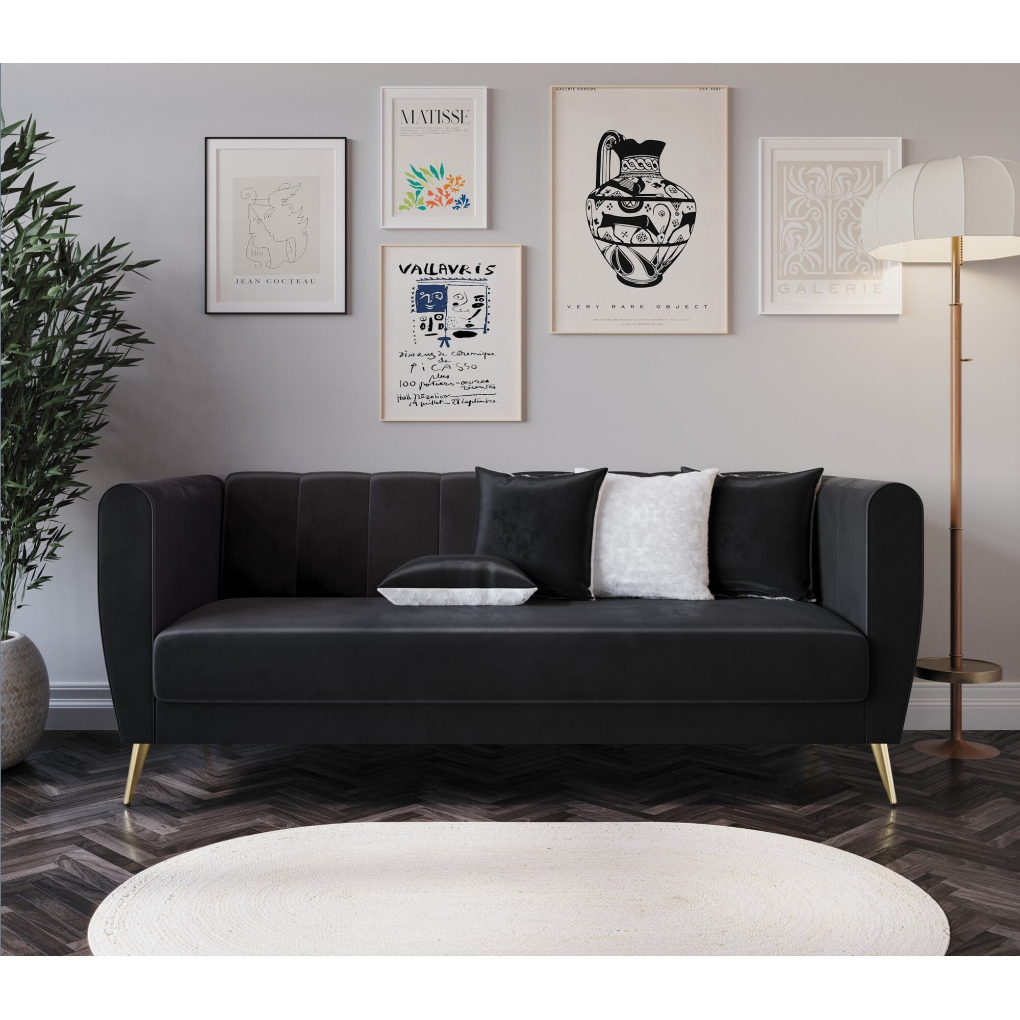 Home Design Scarlett Velvet Flared Arm 3-Seater Sofa with 4 Throw Pillows, Vertical Channel Tufting and Metal Legs, Modern Luxury, Black