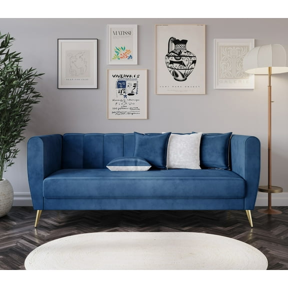 Home Design Scarlett Velvet Flared Arm 3-Seater Sofa with 4 Throw Pillows, Vertical Channel Tufting and Metal Legs, Modern Luxury, Blue