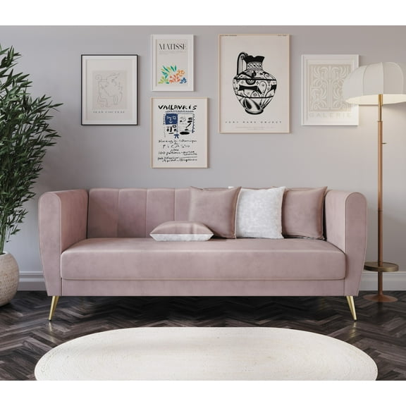 Home Design Scarlett Velvet Flared Arm 3-Seater Sofa with 4 Throw Pillows, Vertical Channel Tufting and Metal Legs, Modern Luxury, Pink