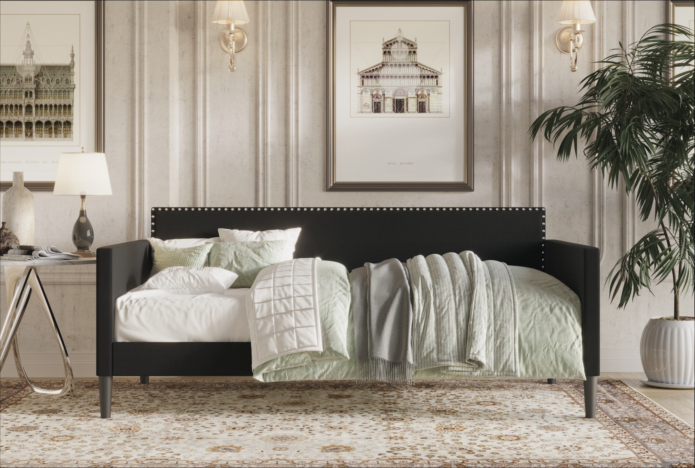 Home Design Sutton Twin Daybed with Upholstered Frame, Square Arms, Nailhead Trim, Comfortable Polyester Fabric, Stylish Seating and Sleeping Solution, Black