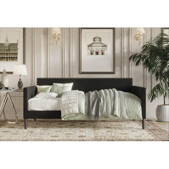 Home Design Sutton Twin Daybed with Upholstered Frame, Square Arms, Nailhead Trim, Comfortable Polyester Fabric, Stylish Seating and Sleeping Solution, Black