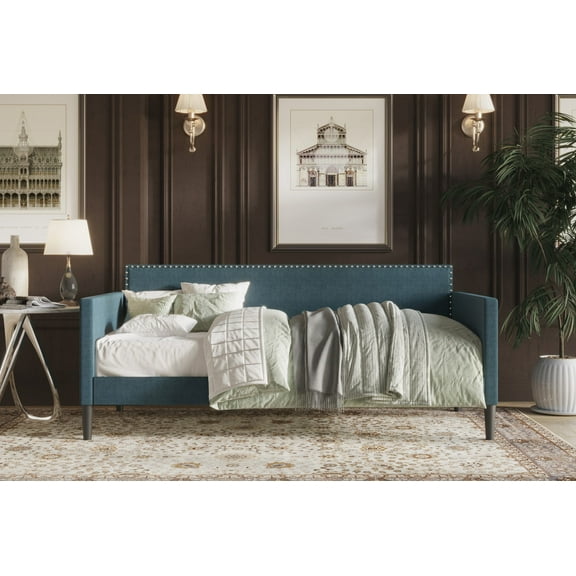 Home Design Sutton Twin Daybed with Upholstered Frame, Square Arms, Nailhead Trim, Comfortable Polyester Fabric, Stylish Seating and Sleeping Solution, Denim Blue