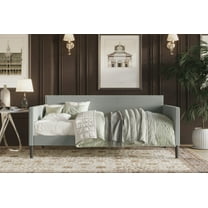 Home Design Sutton Twin Daybed with Upholstered Frame, Square Arms, Nailhead Trim, Comfortable Polyester Fabric, Stylish Seating and Sleeping Solution, Gray