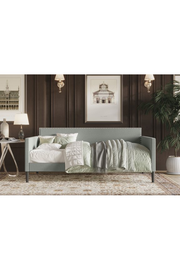 Sutton Twin Daybed with Upholstered Frame, Square Arms, Nailhead Trim, Comfortable Polyester Fabric, Stylish Seating and Sleeping Solution, Gray