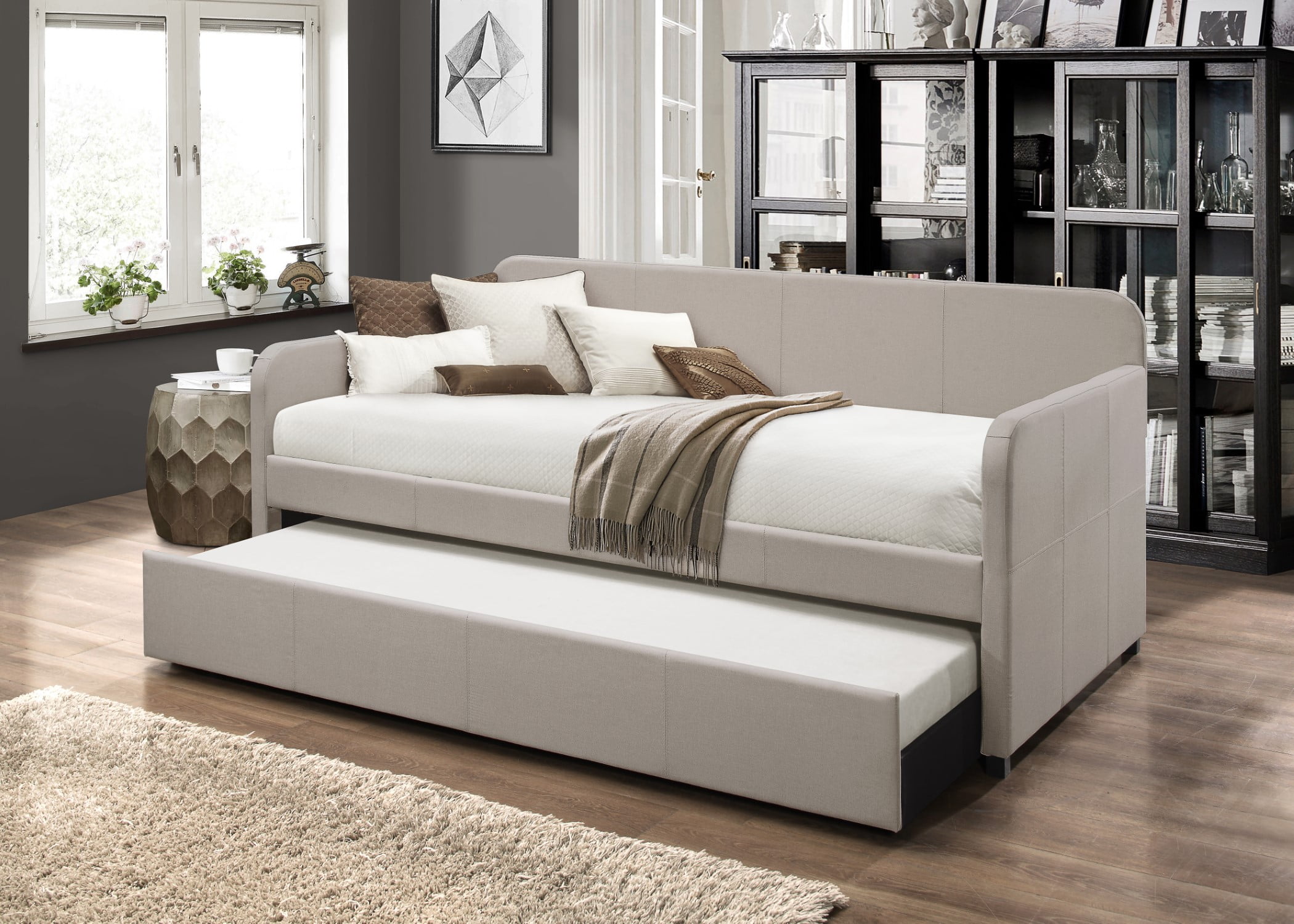 HMD Tiara Upholstered Twin Daybed with Trundle, Warm Gray